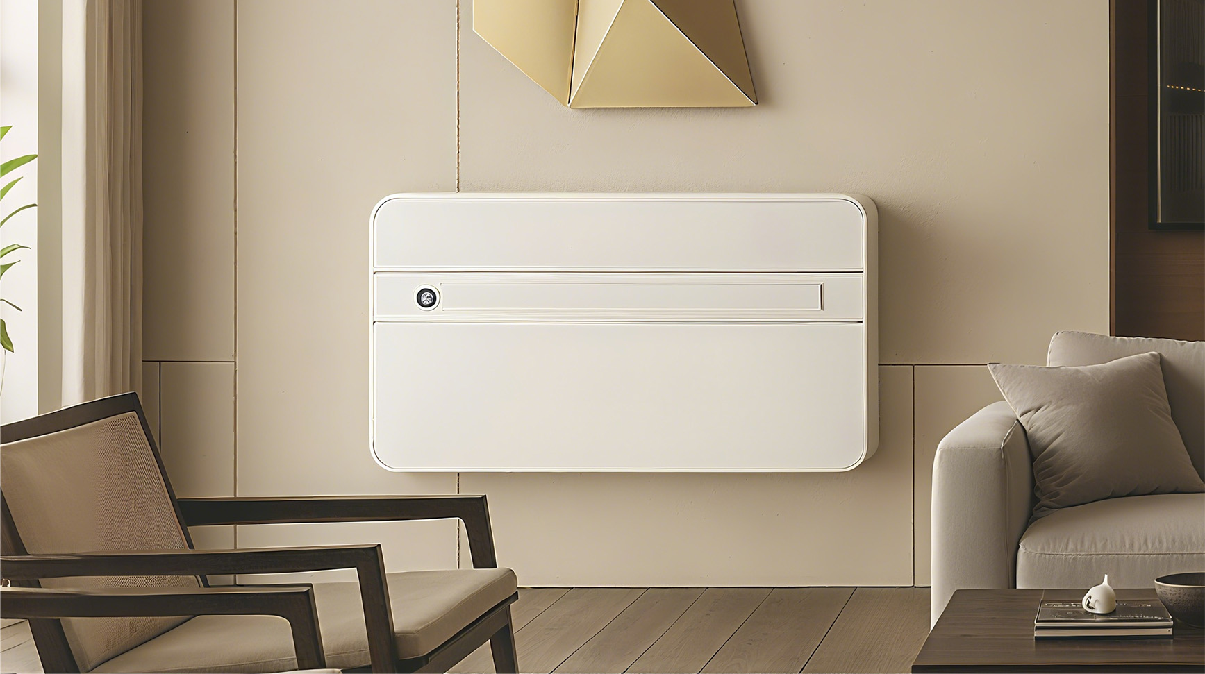 Wall-mounted heat pump installed in a modern living room.